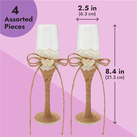 4 Piece Rustic-Style Wedding Cake Knife and Server Set with Champagne Glasses - Picture 5 of 7